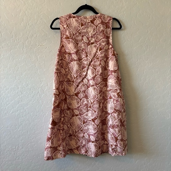 Tahari Pink Leaf Print V-Neck Sleeveless Linen A-Line Dress Pockets Size Small - Picture 10 of 11